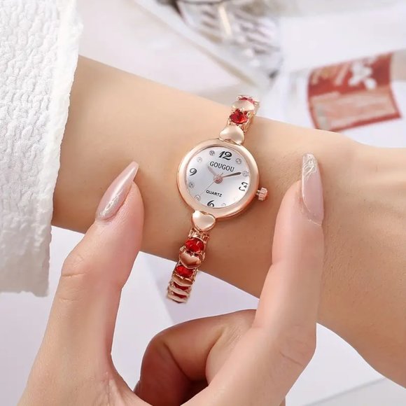 Red Sparkling Rhinestones and Heart Bracelet Ladies Quartz Watch - Picture 2 of 4